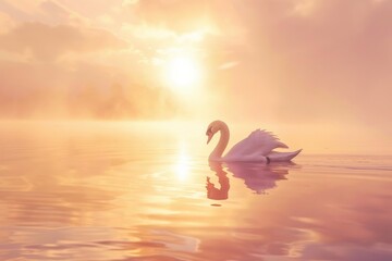 Sunset Serenity: A swan gracefully glides across the shimmering sea, while the silhouette of a person practices yoga on the beach - obrazy, fototapety, plakaty