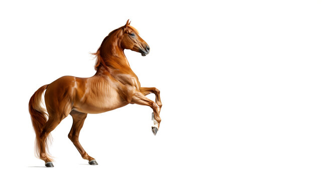 A beautiful red horse stands on its hind legs, isolated on a white background