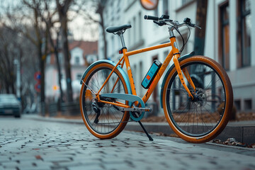 Photo of bicycle against the background of city street. The concept of moving around the city using convenient transport