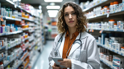 Confident woman in a white lab coat with a stethoscope around her neck, holding a tablet computer, standing in a pharmacy with shelves stocked with various pharmaceutical products.