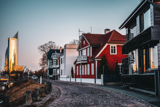 Riga, Latvia - March 10, 2024: Old and modern architecture of Kipsala district in Riga.