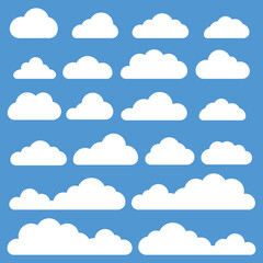 Set of Different Clouds Isolated on Blue Background