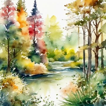 landscape with trees in watercolors