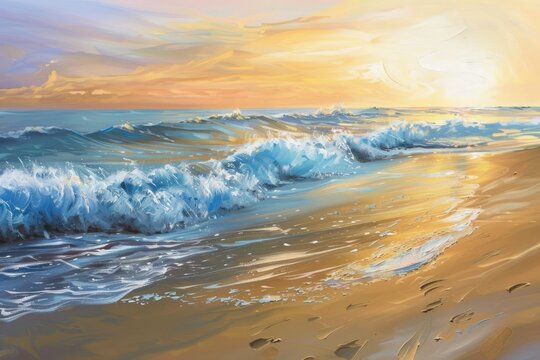 A painting of a beach with a large wave crashing onto the shore