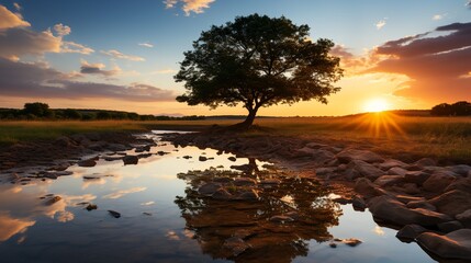 Fototapeta na wymiar a sunset over a lake with rocks and trees