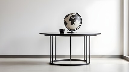"Minimalist Elegance: Black Iron Table with Globe, Against White Wall Backdrop"