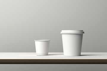 Two white coffee cups on a white table, made of porcelain and ceramic