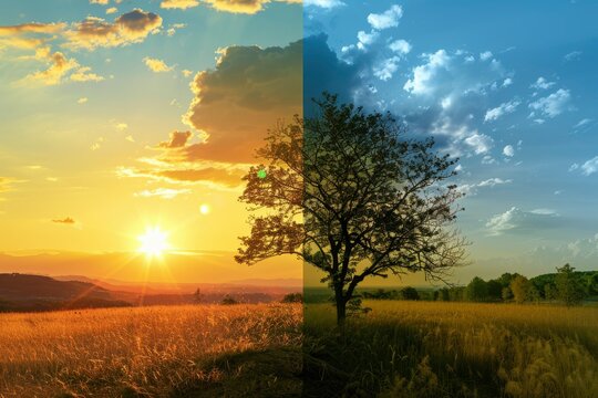 Two different pictures of a field with a tree in the middle