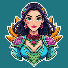 sticker portraying a beautiful girl in a statement outfit, with intricate details and vibrant colors, tailor-made for enhancing t-shirt aesthetics