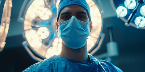 Fototapeta na wymiar a man wearing a surgical mask and blue scrubs in a hospital room with lights on the ceiling