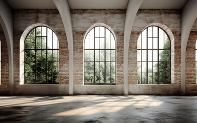 Empty room with large arched window and cement floor. brick wall in loft interior mockup. studio or...