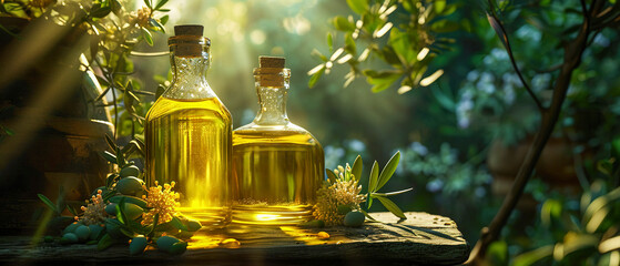 Two bottles of olive oil are on a wooden table, freshness and natural beauty