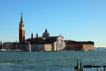 Fototapeta premium Church of San Giorgio Maggiore in Venice Italy with bell tower and dome on the Venetian Lagoon in the Giudecca Canal