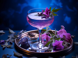 Purple alcoholic cocktail in a glass on a beautiful dark blue background with purple flower elements 