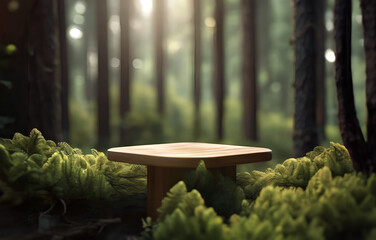 wooden podium in the forest and trees