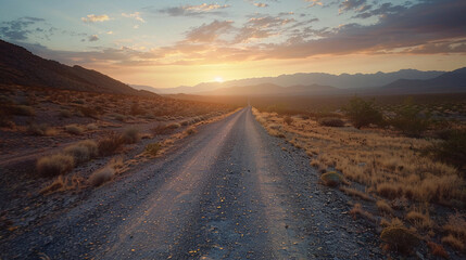 Sunrise Over Desert Road: Journey Through the Wild - obrazy, fototapety, plakaty