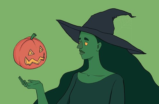 Young witch with big black hat holding a Halloween pumpkin