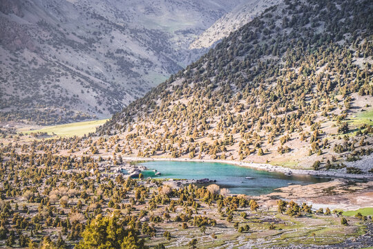 Turquoise-colored lake in a valley against the backdrop of mountain ranges with vegetation and trees in the Fan Mountains in Tajikistan