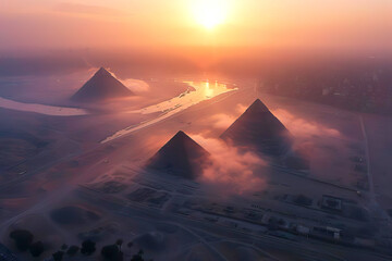 The sun rises over the iconic Egyptian pyramids at Giza, casting a warm glow over the ancient structures. - obrazy, fototapety, plakaty