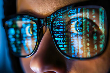 Glasses reflecting binary code with a focus on the eyes.