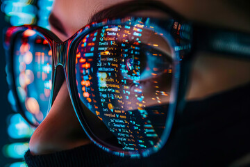 A close-up view of a person wearing glasses, with focus on the eyes and computer monitor reflection.