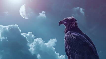an AI-generated image of an eagle facing away, witnessing a large solar eclipse with clouds,  - obrazy, fototapety, plakaty