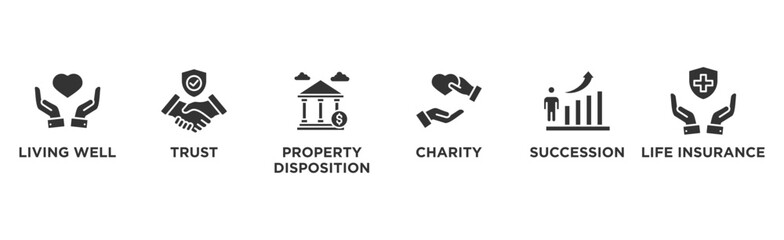 Estate planning banner web icon vector illustration concept with icon of living well, trust, property disposition, charity, succession, life insurance	