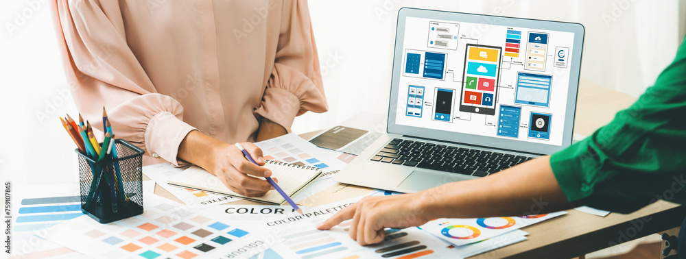 Poster cropped image of interior designer team recommends color by using color palette while laptop display