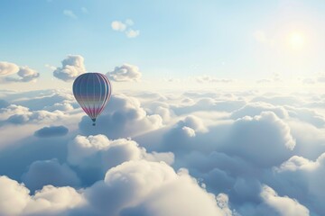 A lone hot air balloon drifts serenely through a vast expanse of fluffy white clouds. 