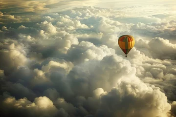 Fotobehang A lone hot air balloon drifts serenely through a vast expanse of fluffy white clouds.  © Moon Story