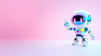 Colorful cute robot standing on vibrant pink background and pointing