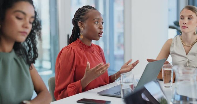 Business women, teamwork and meeting with laptop for social media planning, feedback and staff workflow. Professional people, employees or public relations leader talking of solution or project ideas