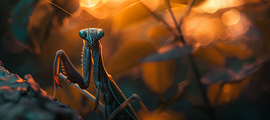 macro of a praying mantis at sunset with copy space - obrazy, fototapety, plakaty
