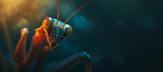 close up of a praying mantis over a dark background with copy space - obrazy, fototapety, plakaty