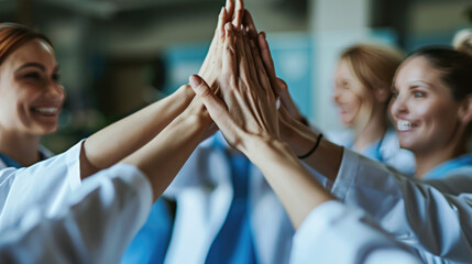 Group of medical professionals in scrubs and white coats, putting their hands together in a unified gesture