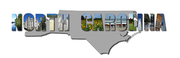Banner collage of North Carolina images over state shape, including NC beaches, mountains and cities - obrazy, fototapety, plakaty