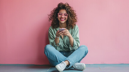Young woman smiles joyfully while holding her smartphone against a colored background. - obrazy, fototapety, plakaty