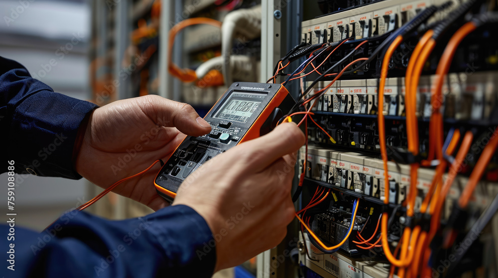 Poster a technician in professional attire is carefully using a digital multimeter to check or troubleshoot
