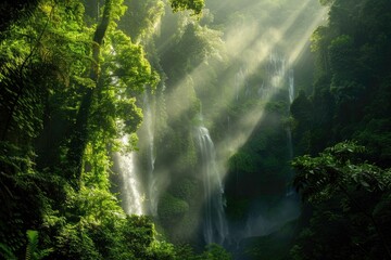 A cascading waterfall plunges into a crystal-clear pool nestled amidst lush ferns and vibrant green foliage. 