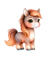 Cute pony horse unicorn with a colored mane and tail. Watercolor illustration