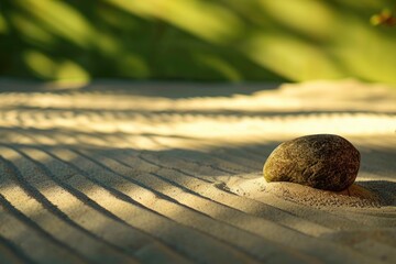 A perfectly raked sand garden with smooth, textured lines and a single strategically placed rock create a minimalist zen atmosphere.
