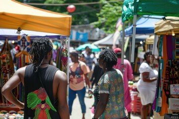 Obraz premium A vibrant market filled with people exchanging goods, services, and skills.