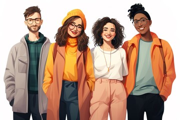 Fototapeta premium Flat cartoon style illustration of a happy smiling group of diverse friends, three young women and a man, isolated on a white background