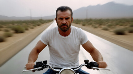Portrait of a guy riding a motorcycle in a desert highway. Tough biker