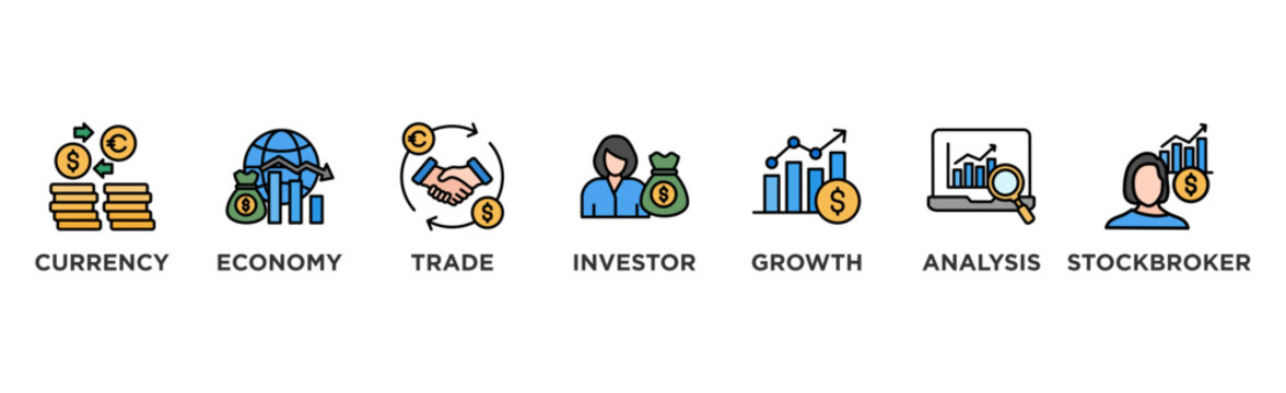 Forex banner web icon vector illustration concept with icon of currency, economy, trade, investor, growth, analysis and stockbroker	