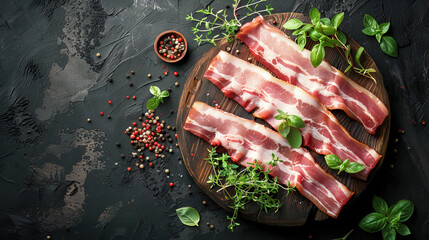Raw bacon back rashers unsmoked on a wooden platter on dark stony background with decorative herbs around