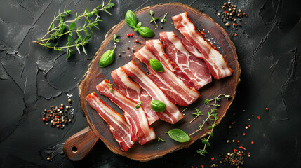 Raw bacon back rashers unsmoked on a wooden platter on dark stony background with decorative herbs around