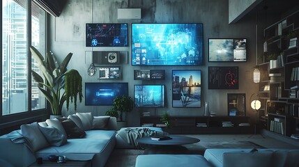 a tech-savvy living room with an AI-generated image wall that seamlessly integrates digital screens into the artwork, surrounded by sleek mockup frames