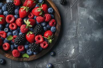 Overhead view of mix berry on a circular wooden tray with loft background, copy space, food...