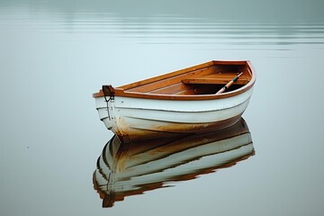 Rowboat on a calm lake reflecting sky on the water